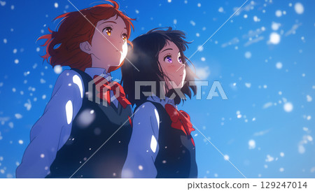 女學生仰望白雪皚皚的天空,動漫風格 女學生仰望白雪皚皚的天空,動漫風格 129247014