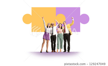 Colorful collage of joyful business team celebrating in front of puzzle-shaped background Colorful collage of joyful business team celebrating in front of puzzle-shaped background 129247049