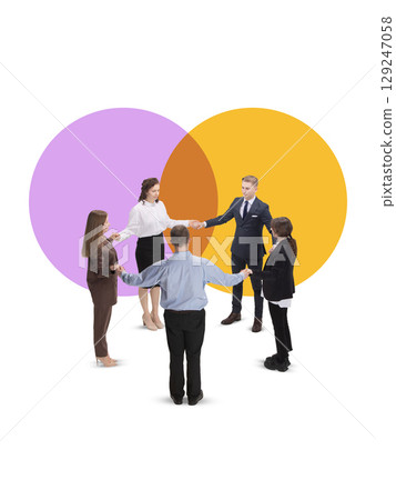 Collage of diverse business team holding hands inside overlapping circles 129247058