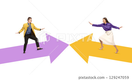 Collage of man and woman balancing on opposite arrows with cautious expressions Collage of man and woman balancing on opposite arrows with cautious expressions 129247059