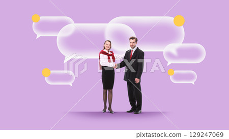 Colorful collage of businesswoman and businessman shaking hands with speech bubbles Colorful collage of businesswoman and businessman shaking hands with speech bubbles 129247069