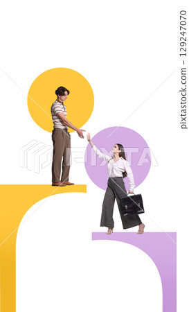 Collage of man reaching out to woman climbing abstract business step shapes 129247070