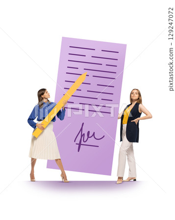 Surreal collage art of two confident women with oversized pen and giant signed document 129247072