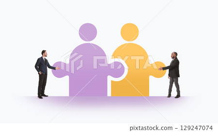 Creative digital artwork of two businessmen approaching human-shaped puzzle pieces on white background Creative digital artwork of two businessmen approaching human-shaped puzzle pieces on white background 129247074
