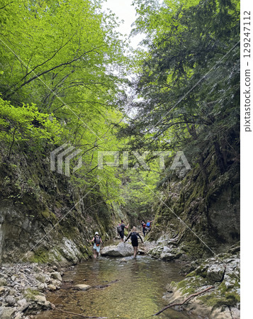 Tourists travelers go to the mountain by the forest river Tourists travelers go to the mountain by the forest river 129247112