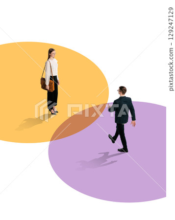 Creative collage of man and woman meeting inside overlapping colorful circles on white background Creative collage of man and woman meeting inside overlapping colorful circles on white background 129247129