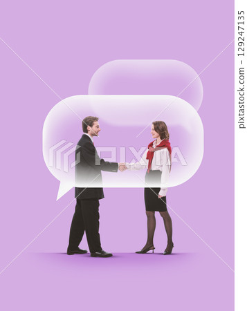 Colorful collage of man and woman shaking hands inside speech bubble on purple background 129247135