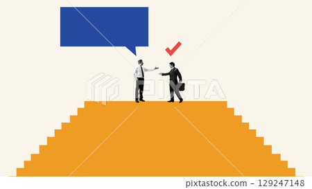 Collage of two businessmen reaching out to shake hands on orange platform with speech bubble and checkmark Collage of two businessmen reaching out to shake hands on orange platform with speech bubble and checkmark 129247148