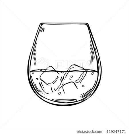 Glass of scotch whiskey and ice cubes monochrome vector illustration. Cold cocktail, bourbon or brandy shot etching drawing. Alcohol drink in tumbler for bar menu, alcohol branding, nightlife poster. 129247171