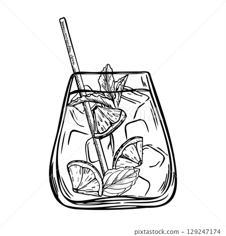 Glass with lemon tonic, ice cubes and lemon slice monochrome vector illustration. Cold water nonalcoholic beverage etching drawing. Drink in tumbler for summer drink design, healthy lifestyle concept. Glass with lemon tonic, ice cubes and lemon slice monochrome vector illustration. Cold water nonalcoholic beverage etching drawing. Drink in tumbler for summer drink design, healthy lifestyle concept. 129247174