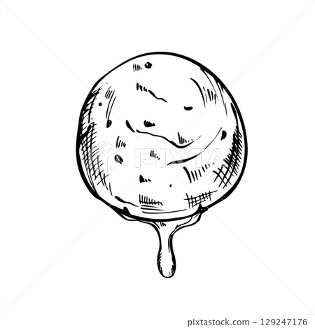 Melting ice cream scoop with falling drip vector sketch illustration painted by black inks. Monochrome sweet fruit sorbet etching drawing for cafe menu, food blog, summer packaging design Melting ice cream scoop with falling drip vector sketch illustration painted by black inks. Monochrome sweet fruit sorbet etching drawing for cafe menu, food blog, summer packaging design 129247176