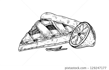 Vector lemon pie slice with zest and citrus half illustration painted by inks. Fruit citrus tart hand drawn graphic line art. Monochrome pastry sketch for bakery design, dessert menu, recipe blog. Vector lemon pie slice with zest and citrus half illustration painted by inks. Fruit citrus tart hand drawn graphic line art. Monochrome pastry sketch for bakery design, dessert menu, recipe blog. 129247177