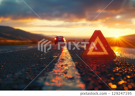 Warning triangle on a country road at sunset with a stopped car in the background. Roadside emergency 129247195