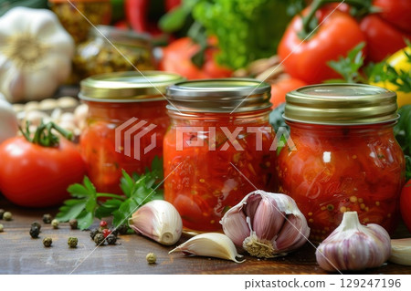 jars of tomato preserves are on a table with garlic and other vegetables 129247196