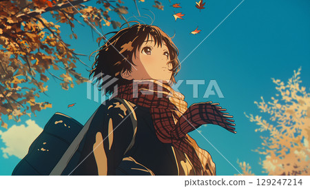 Autumn sky and female students in winter clothes, anime style 129247214