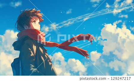 Blue sky, clouds and a female student in winter clothes with a fluttering scarf, anime style 129247217