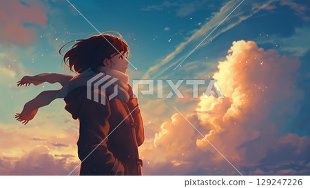 Female student in winter clothes gazing into the distance at the evening or morning sun, anime style 129247226