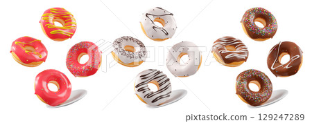 Assorted donuts with colorful icing, sprinkles, and chocolate isolated on white transparent background 129247289