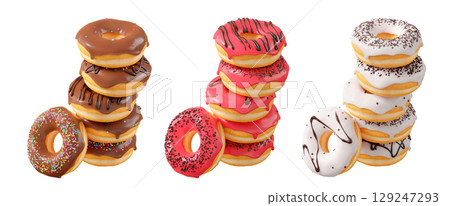 Assorted donuts with colorful icing, sprinkles, and chocolate isolated on white transparent background 129247293