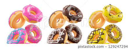 Assorted donuts with colorful icing, sprinkles, and chocolate isolated on white transparent background 129247294