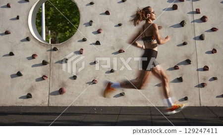 Woman running past climbing wall under sunlight in athletic wear Woman running past climbing wall under sunlight in athletic wear 129247411