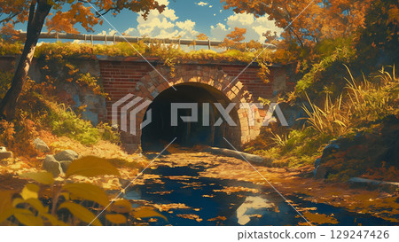 秋季灌溉渠道隧道風景,動漫風格 秋季灌溉渠道隧道風景,動漫風格 129247426