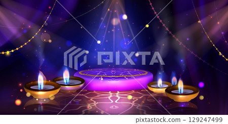 Diwali scene with purple platform, oil lanterns Diwali scene with purple platform, oil lanterns 129247499
