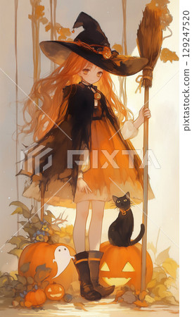 Watercolor Halloween witch and jack-o'-lantern Watercolor Halloween witch and jack-o'-lantern 129247520