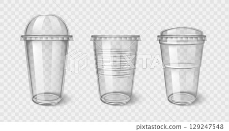 Plastic takeaway cups with transparent lid Plastic takeaway cups with transparent lid 129247548