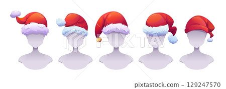 Christmas elf hats collection on mannequin heads 129247570