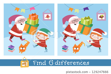 Find 6 differences. Game for kids. Santa Claus and elf make gift for Christmas. Hand drawn vector illustration. 129247666