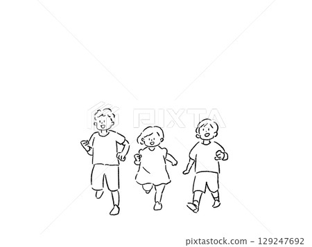 三個小男孩和女孩在跑步,畫線 三個小男孩和女孩在跑步,畫線 129247692