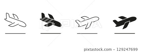 Airplane Takeoff And Landing Icon Set. Aviation And Flight Operation Symbol Collection. Aircraft Departure And Arrival Silhouette Icons. Isolated Vector Illustration Airplane Takeoff And Landing Icon Set. Aviation And Flight Operation Symbol Collection. Aircraft Departure And Arrival Silhouette Icons. Isolated Vector Illustration 129247699