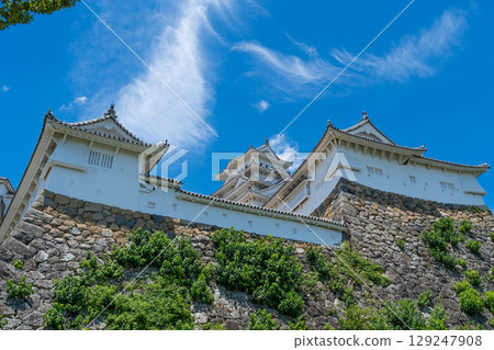 Himeji Castle's stone walls and castle tower Himeji Castle's stone walls and castle tower 129247908