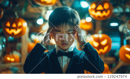 萬聖節期間，一名日本男孩憂心忡忡，摀著太陽穴 129247974