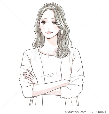Watercolor style, hand-drawn illustration of a worried woman with her arms crossed 129248021