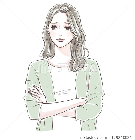 Watercolor style, hand-drawn illustration of a worried woman with her arms crossed 129248024