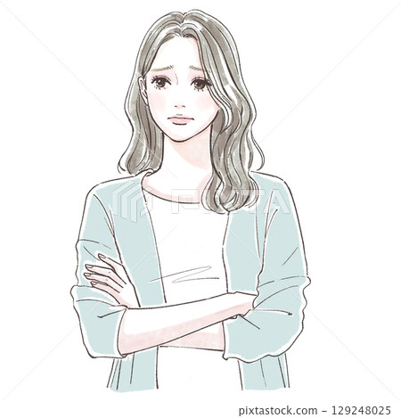 Watercolor style, hand-drawn illustration of a worried woman with her arms crossed 129248025