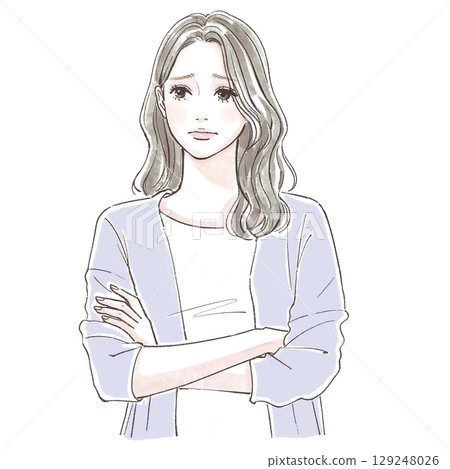 Watercolor style, hand-drawn illustration of a worried woman with her arms crossed 129248026