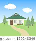 Illustration of a rural one-story house with a large garden Illustration of a rural one-story house with a large garden 129248049