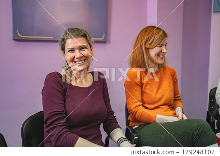 Two teachers on a meeting at language learning school Two teachers on a meeting at language learning school 129248102