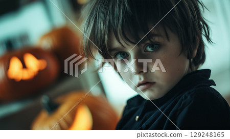 Caucasian boy with a serious expression on Halloween 129248165
