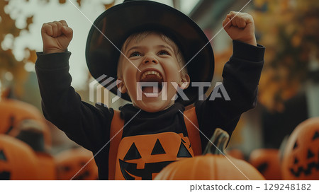 Halloween Caucasian boy pumping his fist with both hands 129248182