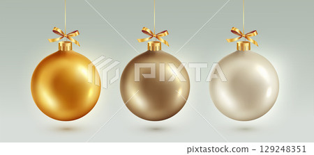Gold Christmas bauble with ribbon and bow. Vector illustration. Christmas decoration Gold Christmas bauble with ribbon and bow. Vector illustration. Christmas decoration 129248351