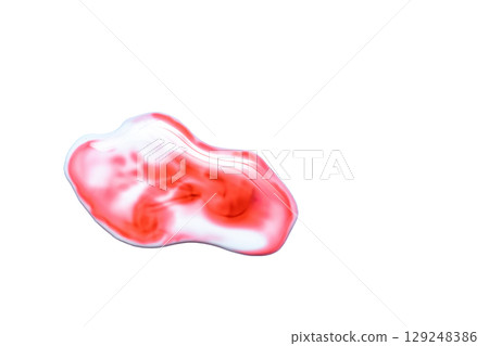 Water and blood drop isolated on white background. Splattered translucent bloody paint surface closeup Water and blood drop isolated on white background. Splattered translucent bloody paint surface closeup 129248386