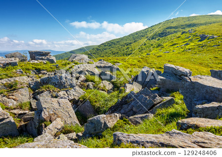 rocks on alps in carpathian mountains. wonderful travel landscape in summer. scenic view with sandstone among grass on the hill. alpine scenery of ukraine on a sunny day with blue sky and clouds rocks on alps in carpathian mountains. wonderful travel landscape in summer. scenic view with sandstone among grass on the hill. alpine scenery of ukraine on a sunny day with blue sky and clouds 129248406