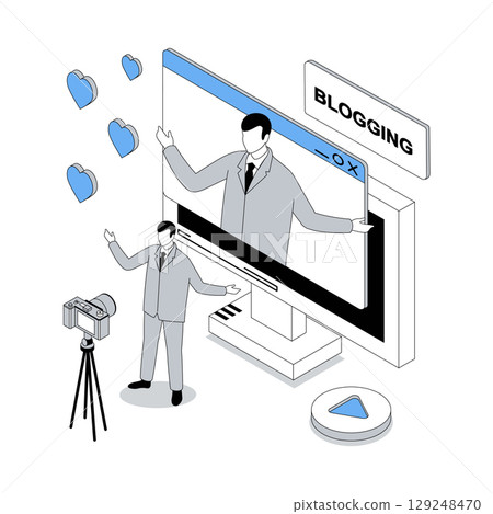 Blogging 3d isometric concept with isometry people design for web. Blogger recording new video with camera, creating new post in blog, collecting likes and attracting followers. Vector illustration Blogging 3d isometric concept with isometry people design for web. Blogger recording new video with camera, creating new post in blog, collecting likes and attracting followers. Vector illustration 129248470