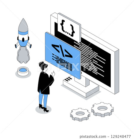 App development 3d isometric concept with isometry people design for web. Woman programming at computer screen, analysing and making improvement, release new application product. Vector illustration 129248477