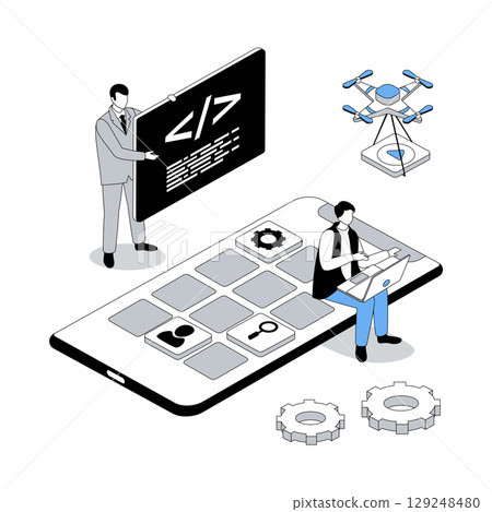 App development 3d isometric concept with isometry people design for web. Team working with code, programming, creating mobile interface, placing applications buttons on screen. Vector illustration App development 3d isometric concept with isometry people design for web. Team working with code, programming, creating mobile interface, placing applications buttons on screen. Vector illustration 129248480