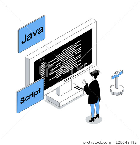 App development 3d isometric concept with isometry people design for web. Woman programming on java at computer screen, coding scripts, making optimization and command settings. Vector illustration 129248482